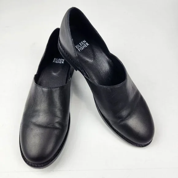 SOLD-Eileen Fisher Allen Smooth Leather Loafer Womens Size 6.5 Black Slip On - Picture 1 of 9